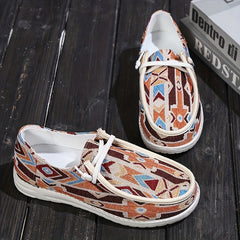 Retro Pattern Canvas Shoes Soft Sole Flat Sneakers Comfortable Lace Up Loafers