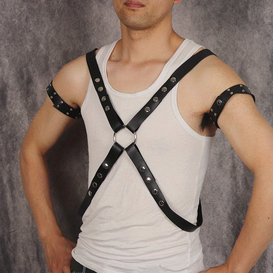 Men's PU Leather Body Chest Harness & Armbands Set for Cosplay Costume