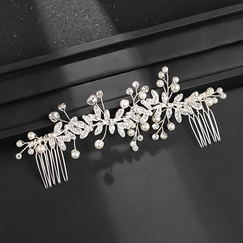 Crystal Faux Pearl Leaf Bridal Hair Comb - Wedding Hair Accessories