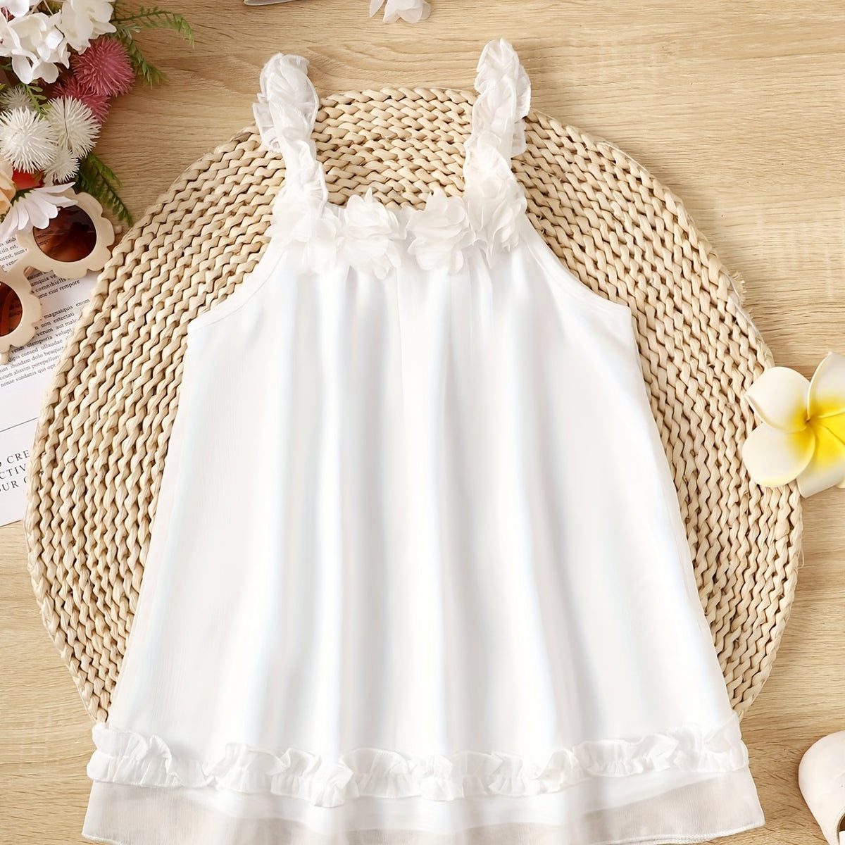 Baby Girls Flower Suspenders Sleeveless Dress & Headband 2pcs Set