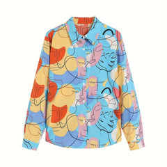  Colorblock Print Button Up Blouse