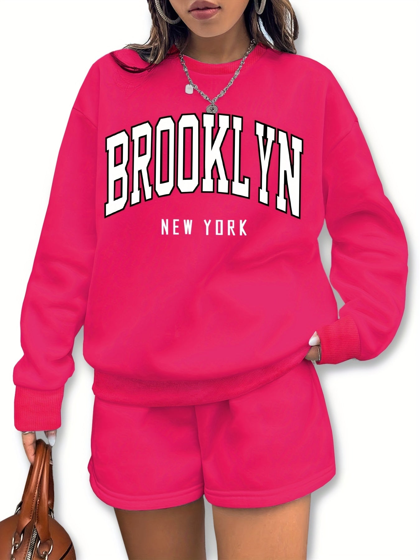 Casual Two-piece Set Long Sleeve Pullover & Shorts Outfit Women's Clothing