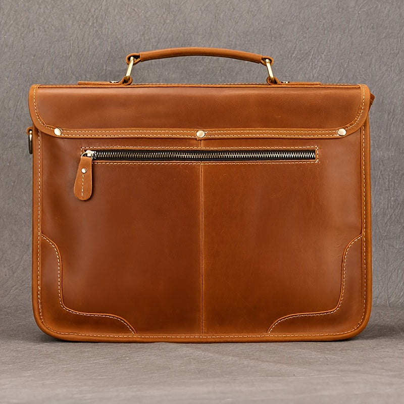 Men's Cowhide Leather Briefcase Flap Laptop Bag Crazy Horse Leather Shoulder Bus