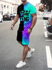 2pcs Men's Block & King Print T-shirt & Stretch Shorts for Outdoor