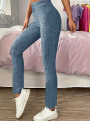 Plus Size Solid Ribbed High Rise Stretch Trousers