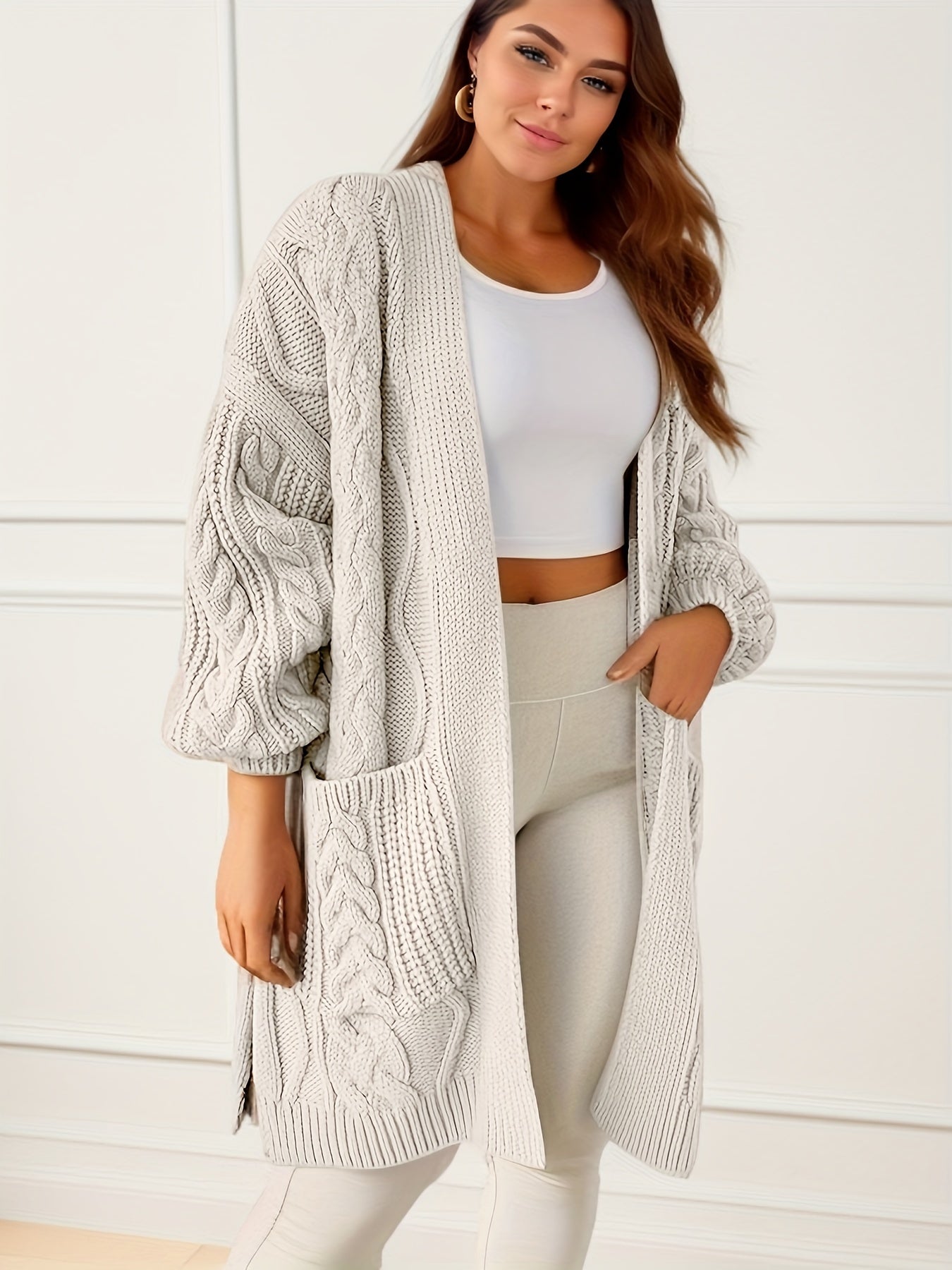  Solid Cable Knit Long Sleeve Open Front Cardigan