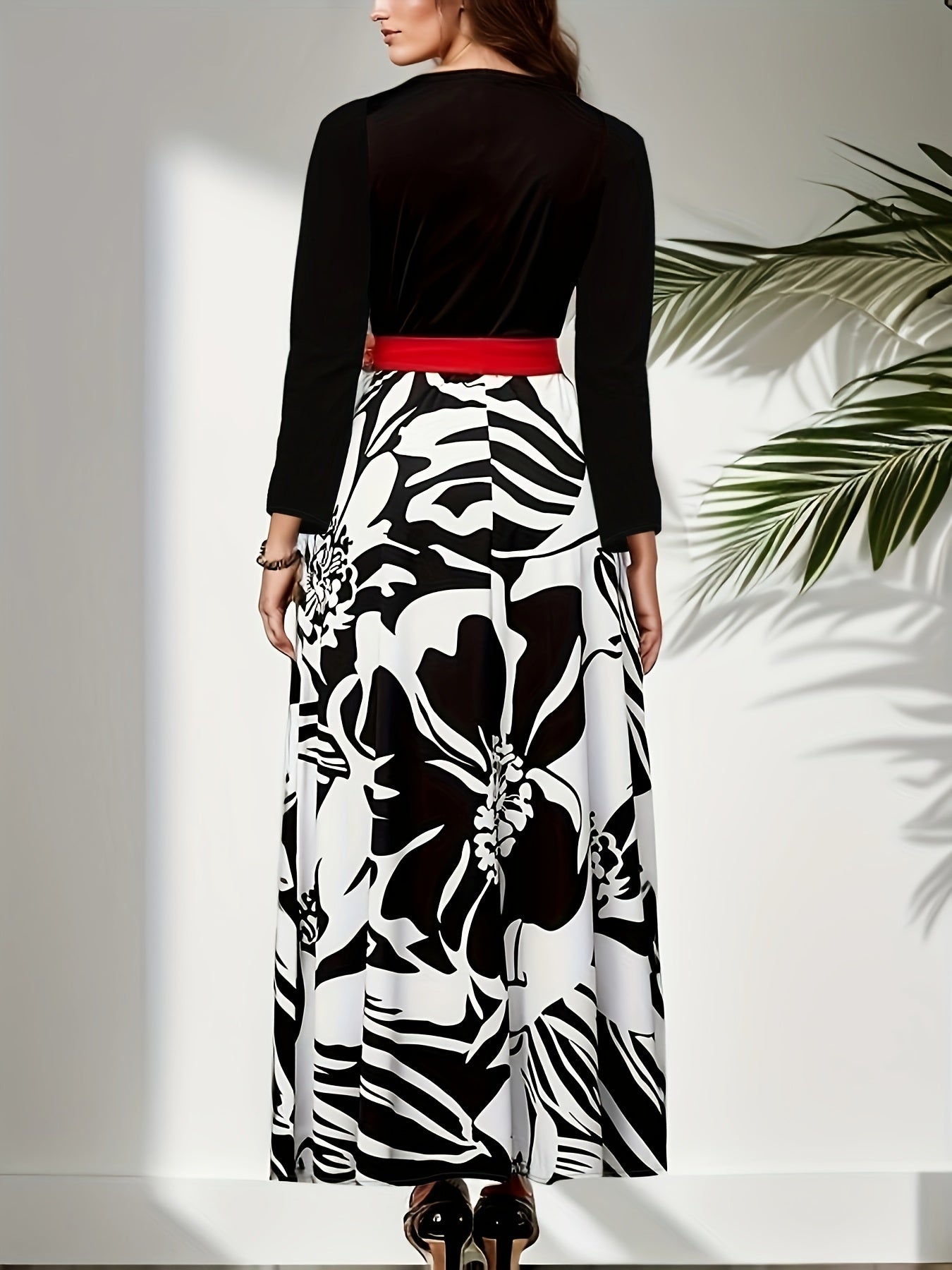  Colorblock Floral Print Long Sleeve Maxi Dress