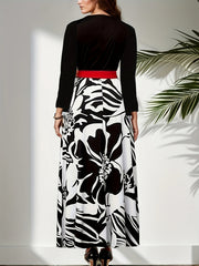  Colorblock Floral Print Long Sleeve Maxi Dress