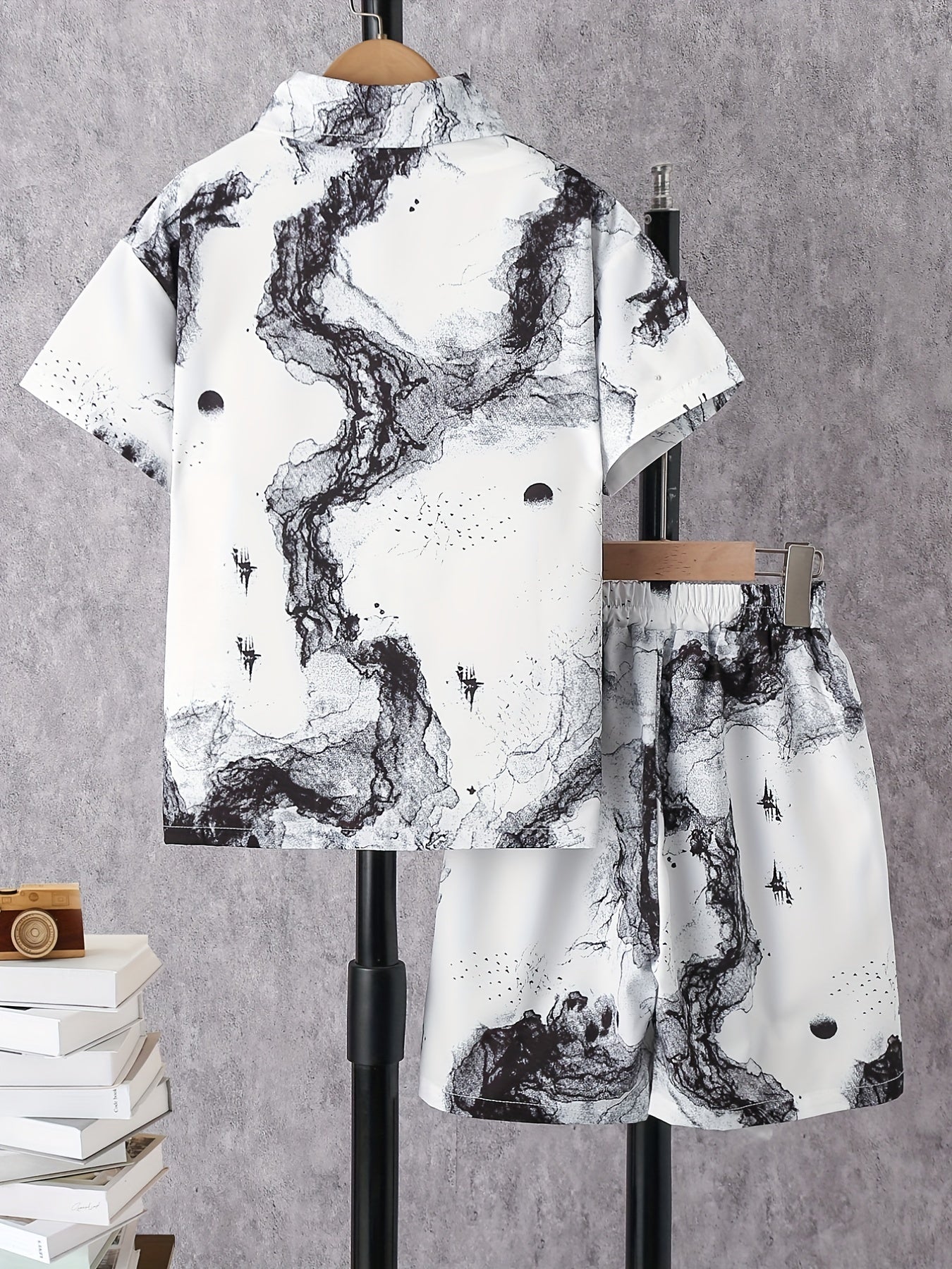 Boys Ink Painting Casual Outfit Short Sleeves Shirt & Shorts