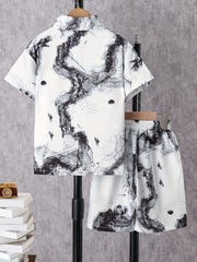 Boys Ink Painting Casual Outfit Short Sleeves Shirt & Shorts