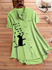  Cat Print Short Sleeve Button Shirt