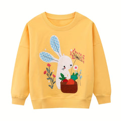 Girls' Bunny And Carrot Embroidery Sweatshirt Soft Comfy Long Sleeve Top