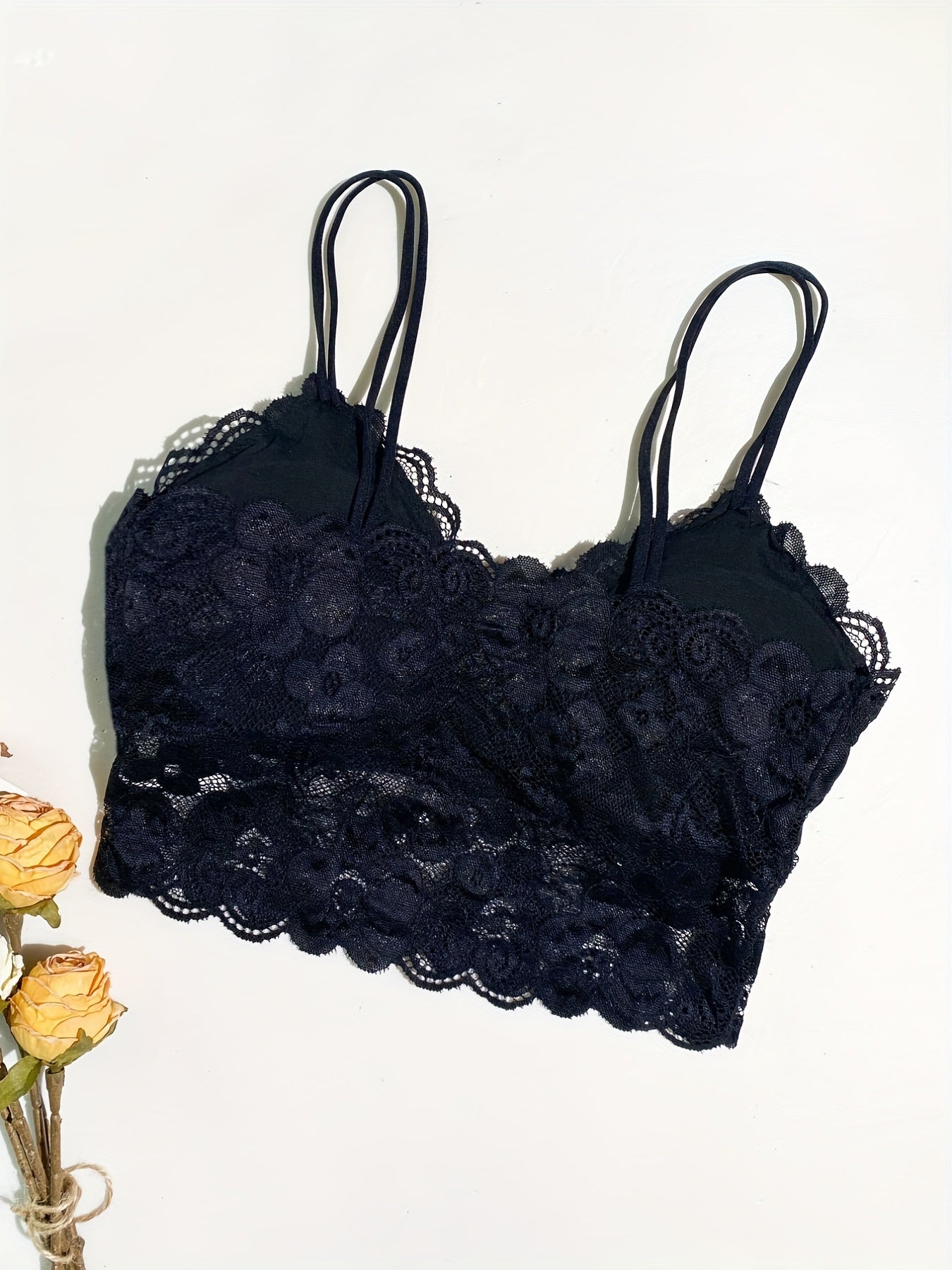 Floral Lace Scallop Trim Bralettes Double Straps Chest Pad Lingerie