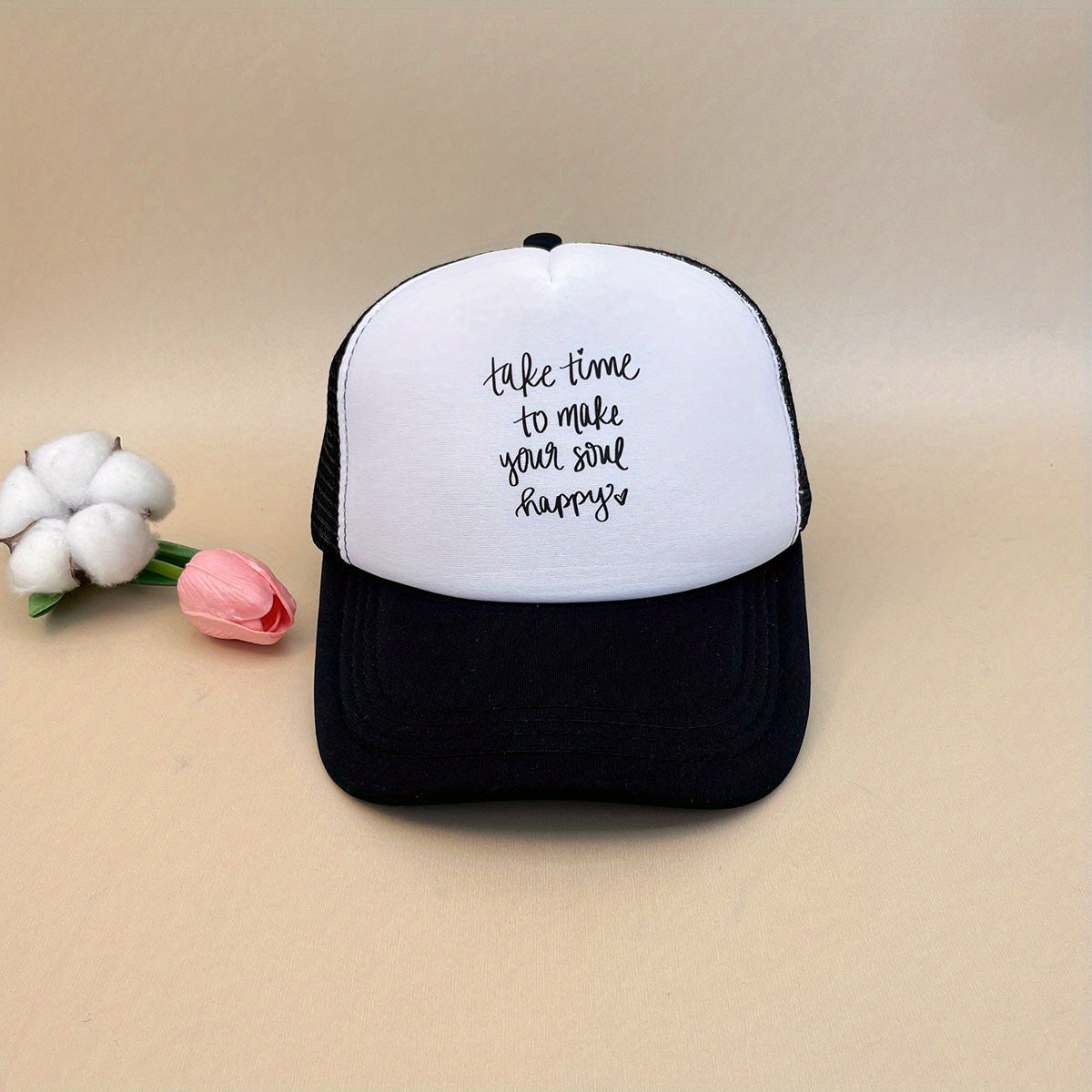 Happy Letter Print Trucker Hat Lightweight Mesh Baseball Cap Adjustable Dad Hats