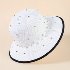 Faux Pearl Decor Sun Hat Wide Brim Straw Hat Foldable Summer Travel Beach Hats
