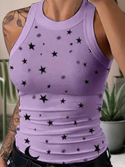 Star Print Tank Top Sleeveless Crew Neck Every Tops Women's