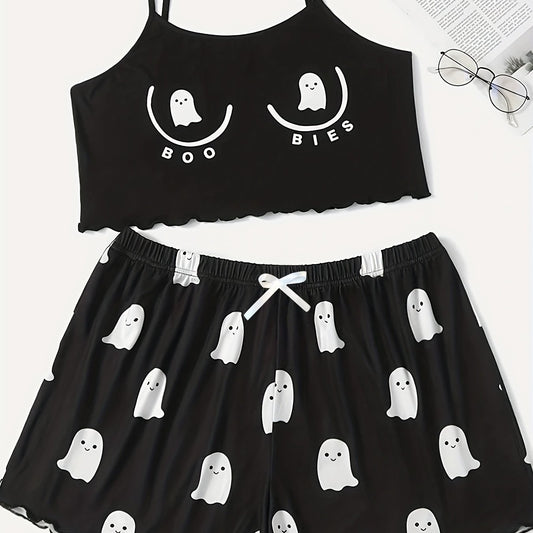 Ghost Print Pajama Set Crew Neck Cami Top & Shorts