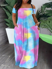  Tie Dye Off Shoulder Maxi Dress With Pockets