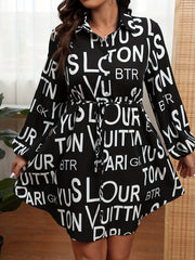Letter Print Lantern Sleeve Mini Dress with Belt