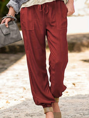  Solid Drawstring Elastic Stretch Pants