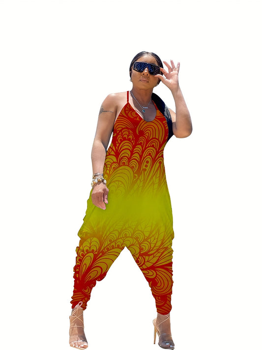 Printed Harem Jumpsuit Spaghetti Neck Baggy Jumpsuit