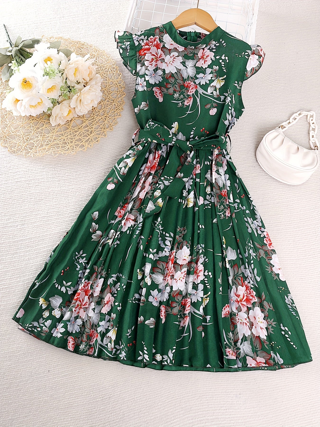 Girls Floral Graphic Pleated Dress For Party Beach Vacation
