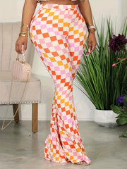 Plaid Print High Rise Button Fly Flared Leg Pants Women's Plus Size