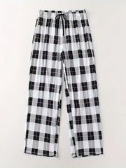 Plaid Print Drawstring Elastic Casual Pants
