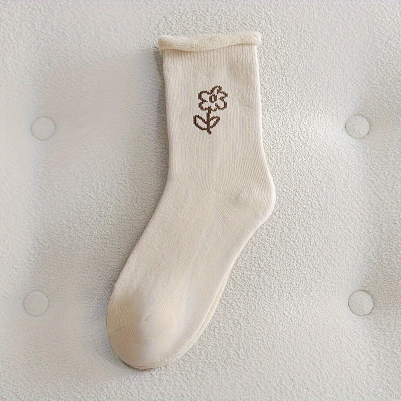 5 Pairs Floral Print Socks Comfy & Warm Mid Tube Socks Women's Stockings