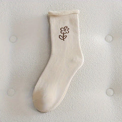5 Pairs Floral Print Socks Comfy & Warm Mid Tube Socks Women's Stockings