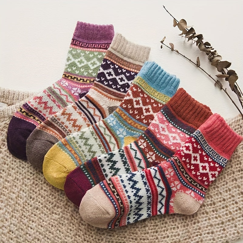 5 Pairs Geometric Print Colorblock Crew Socks