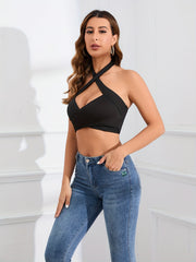 Solid V Neck Backless Cami Crop Top