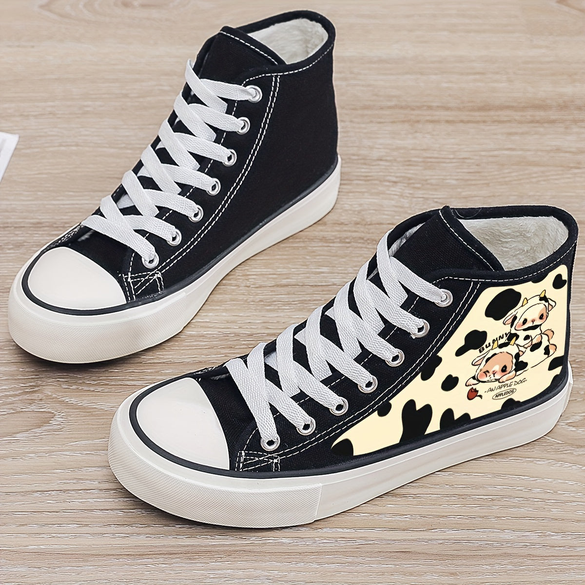 Cow Print Plush Lined Chunky Canvas Sneakers