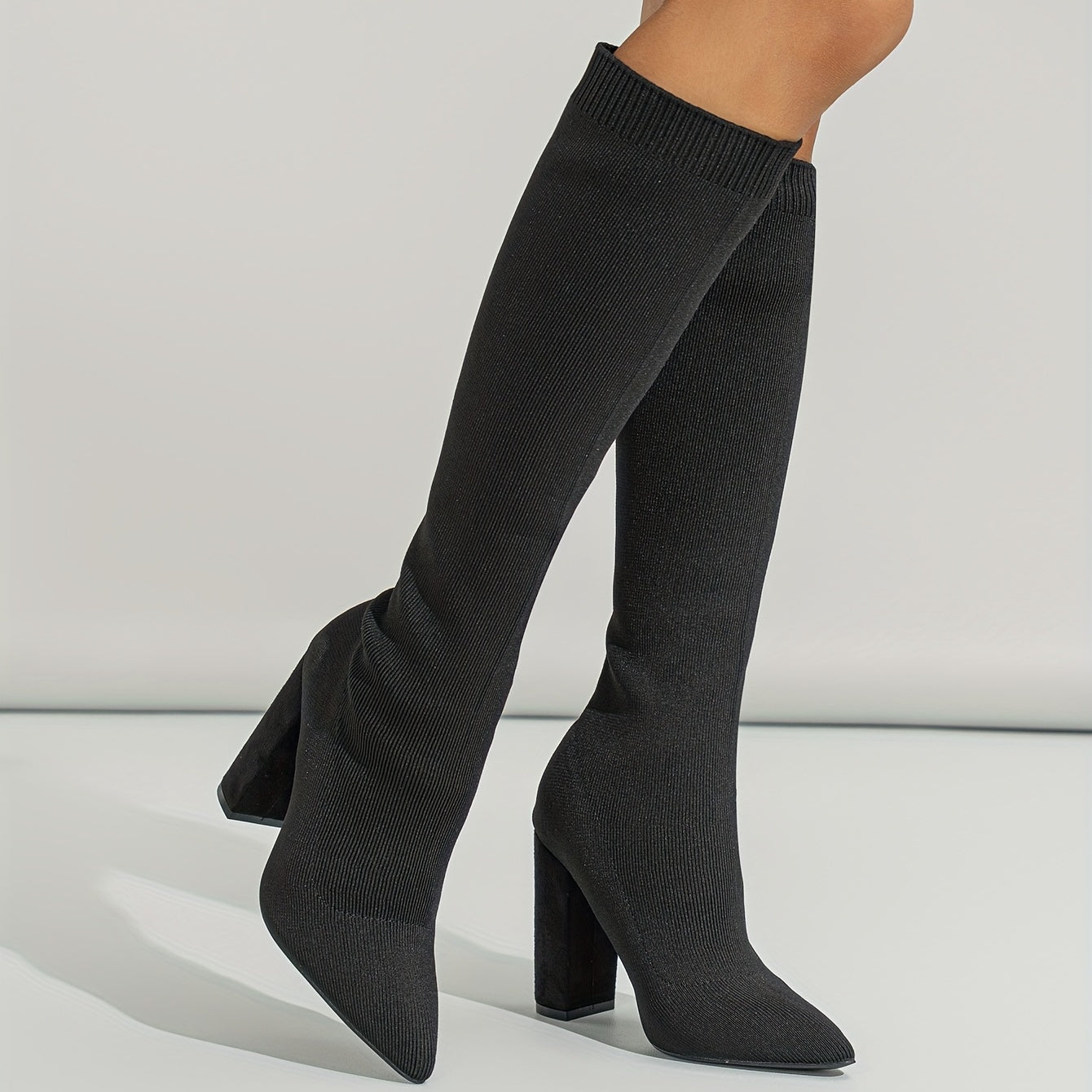 Women's Solid Over Knee Slim Boots Point Toe Chunky Heel Comfy Shoes
