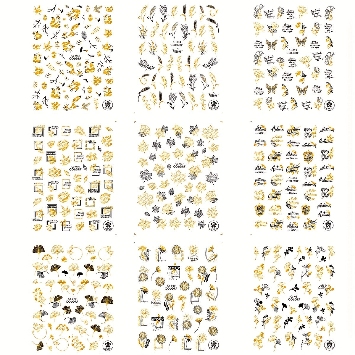 Golden Maple Leaves Butterfly Nail Stickers 3D Adhesive Art Supplies
