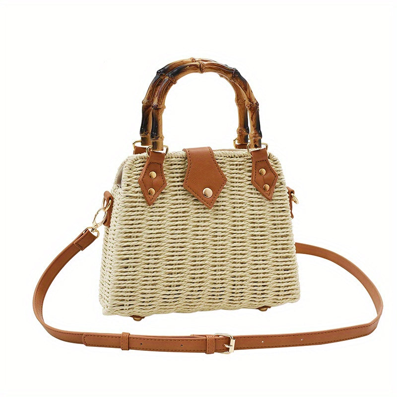 Straw Woven Crossbody Bag Bamboo Handle Satchel Purse