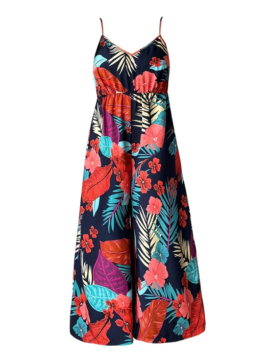 Tropical Print Spaghetti Jumpsuit Boho Wide Leg Sleeveless Summer Jumpsuit
