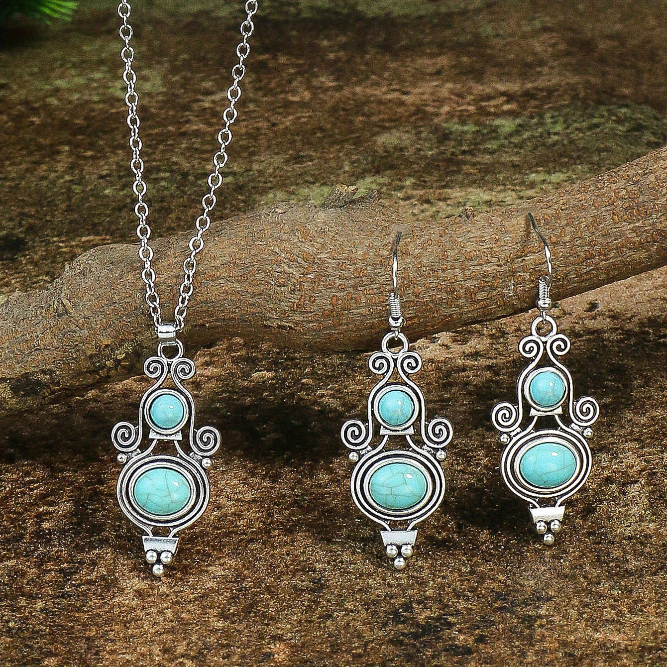 Bohemian Turquoise Inlaid Rhinestones Water Drop Earrings Necklace Set