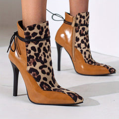 Leopard Print Stiletto Heeled Boots Lace Up Side Zipper Short Boots