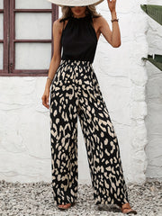 Leopard Print Wide Leg Jumpsuit Drawstring Sleeveless