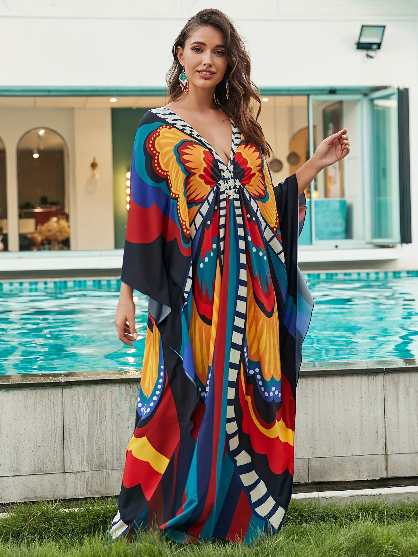  Allover Print Batwing Sleeve Maxi Jalabiya Dress