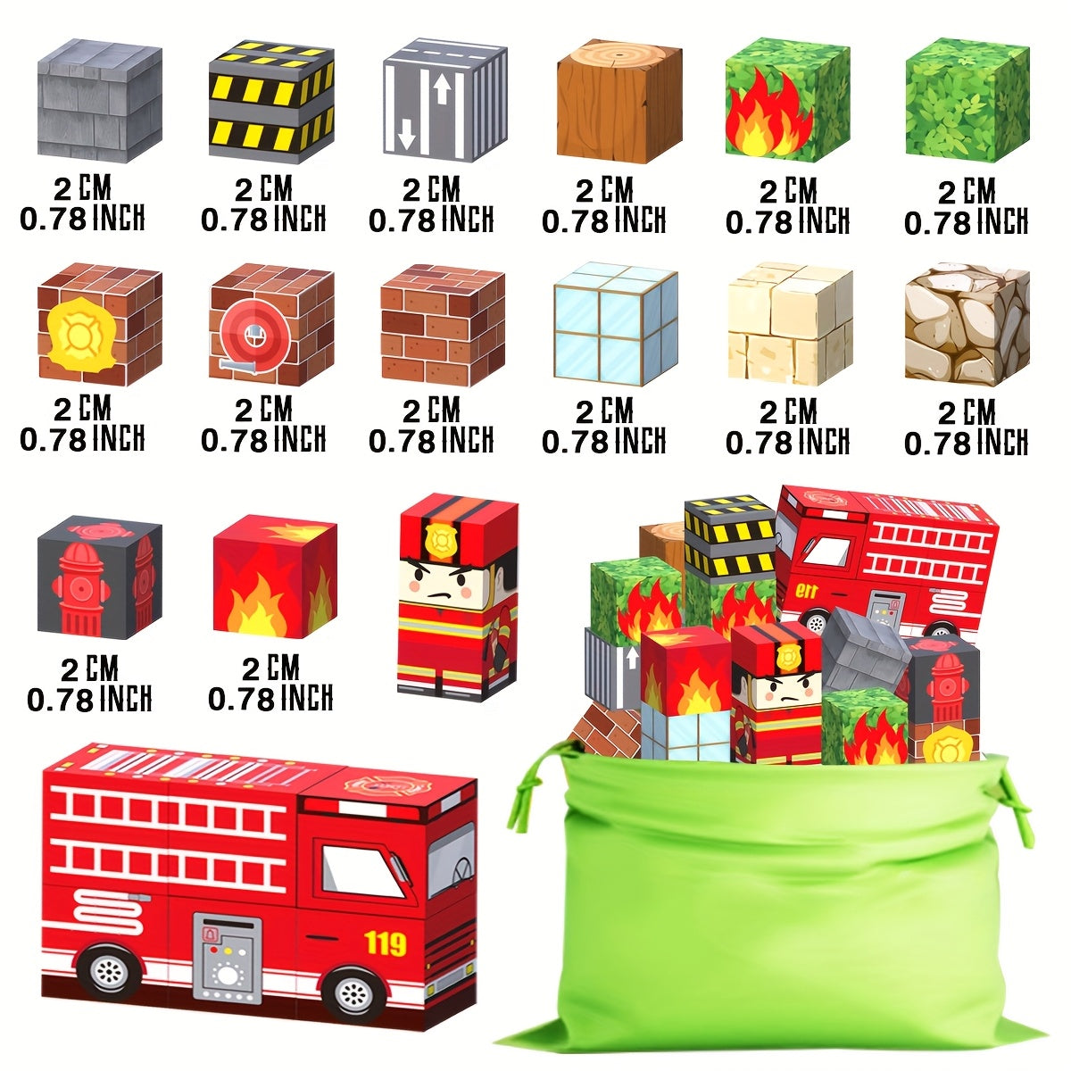 Magnetic Building Blocks Firefighter & Fire Truck Playset Educational Toy