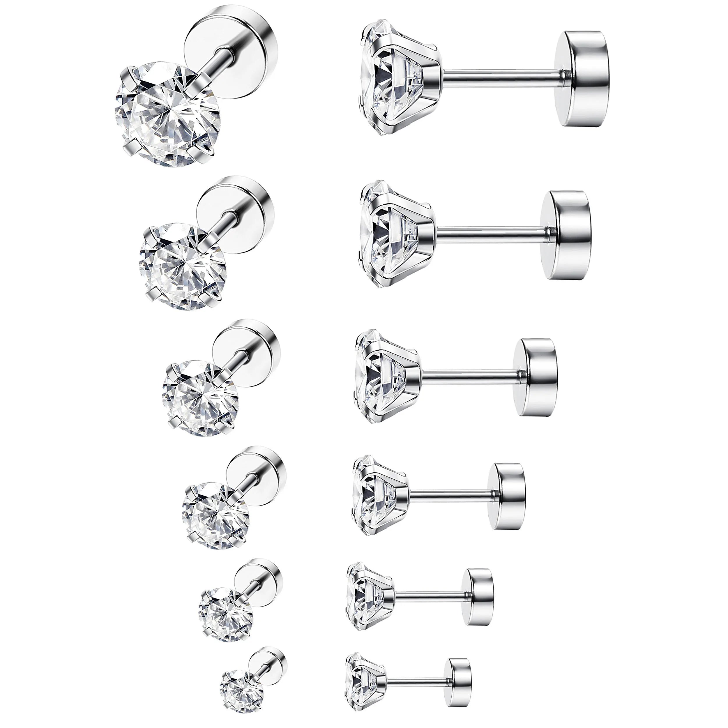 6 Pairs 18G CZ Inlaid Barbell Stud Earrings Set Stainless Steel