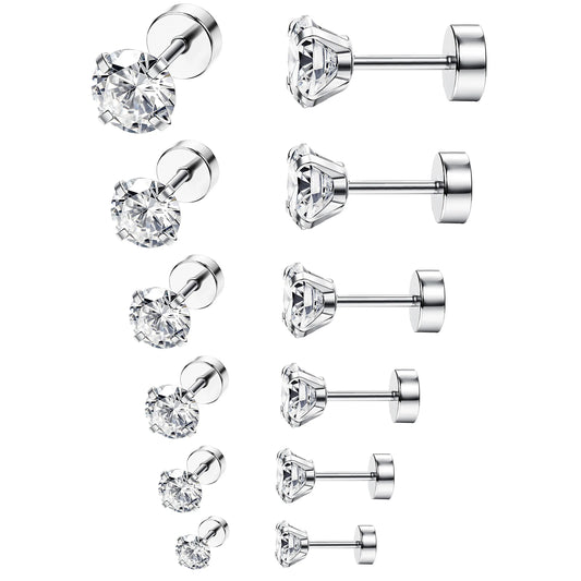 6 Pairs 18G CZ Inlaid Barbell Stud Earrings Set Stainless Steel