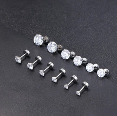 6 Pairs 18G CZ Inlaid Barbell Stud Earrings Set Stainless Steel