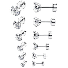 6 Pairs 18G CZ Inlaid Barbell Stud Earrings Set Stainless Steel