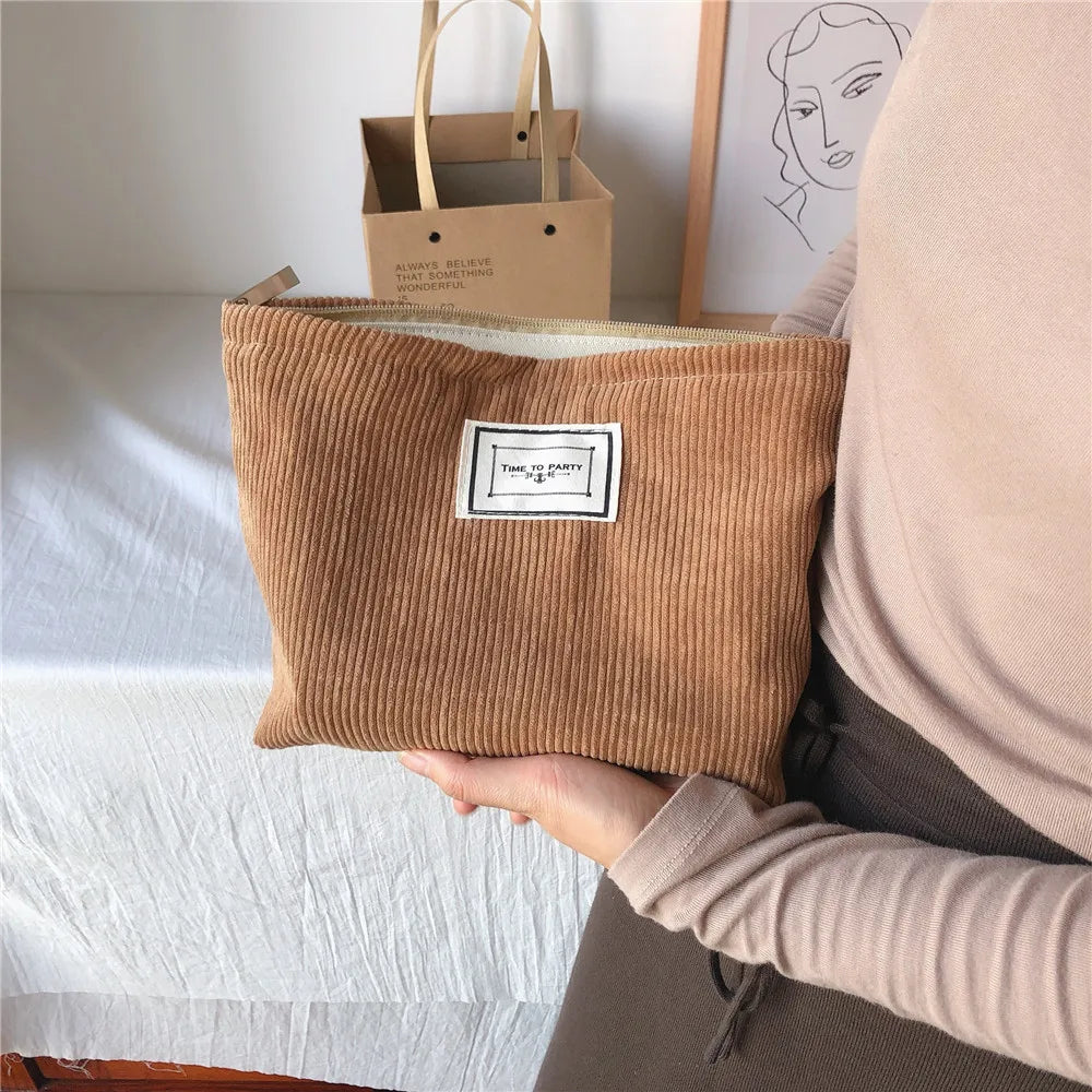 Soft Corduroy Makeup Bag Solid Cosmetic Travel Organizer
