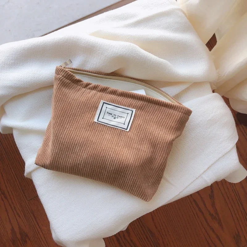 Soft Corduroy Makeup Bag Large Solid Cosmetic Bag Travel Makeup Storage