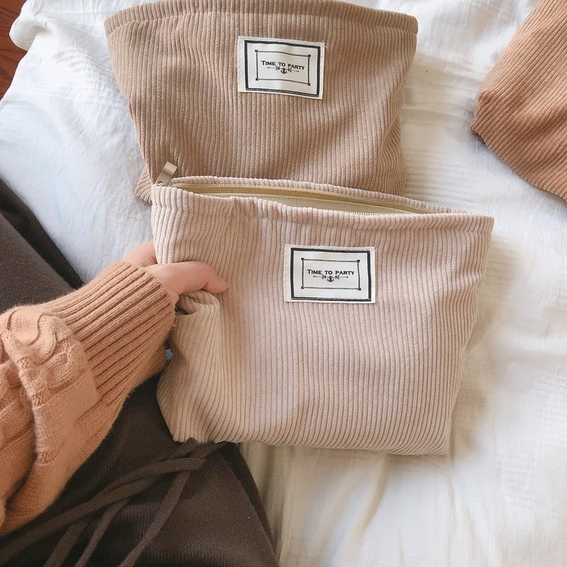 Soft Corduroy Makeup Bag Large Solid Cosmetic Bag Travel Makeup Storage