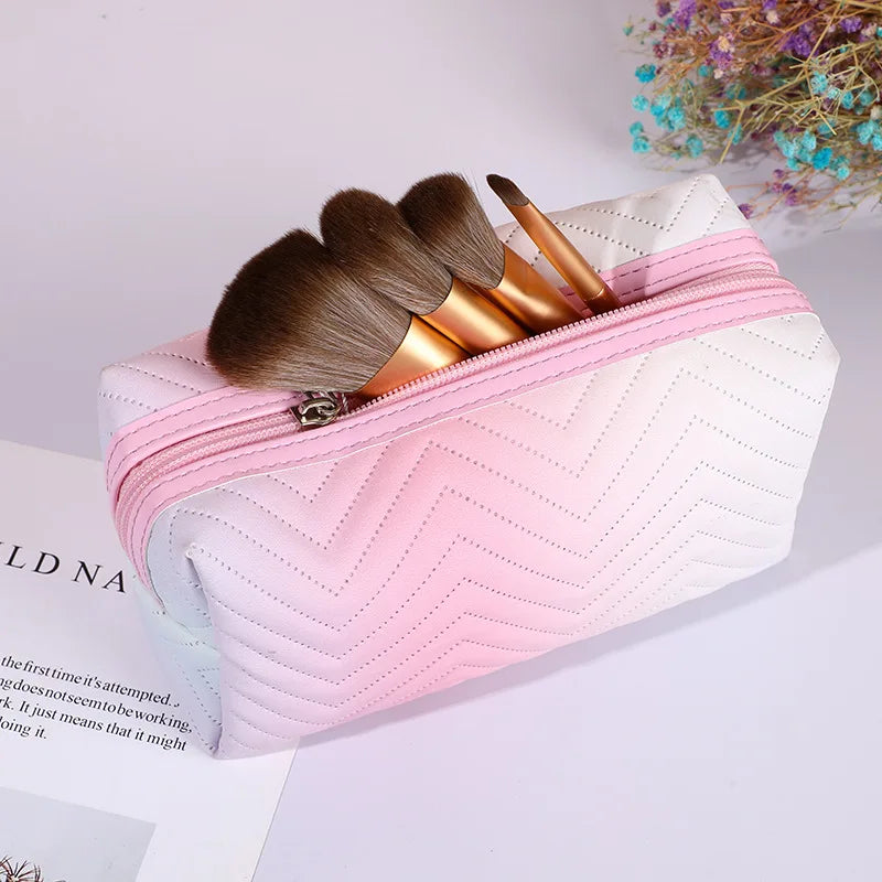 Gradient Makeup Bag Zipper Pu Leather Cosmetic Pouch Travel Large Female